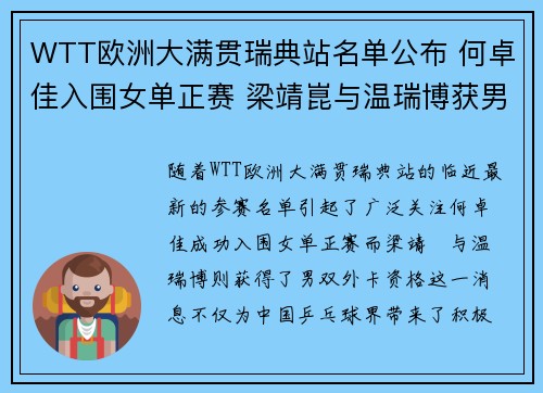 WTT欧洲大满贯瑞典站名单公布 何卓佳入围女单正赛 梁靖崑与温瑞博获男双外卡