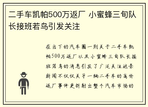 二手车凯帕500万返厂 小蜜蜂三旬队长接班若鸟引发关注