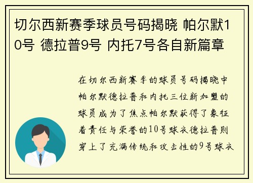 切尔西新赛季球员号码揭晓 帕尔默10号 德拉普9号 内托7号各自新篇章