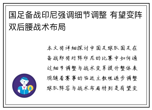 国足备战印尼强调细节调整 有望变阵双后腰战术布局
